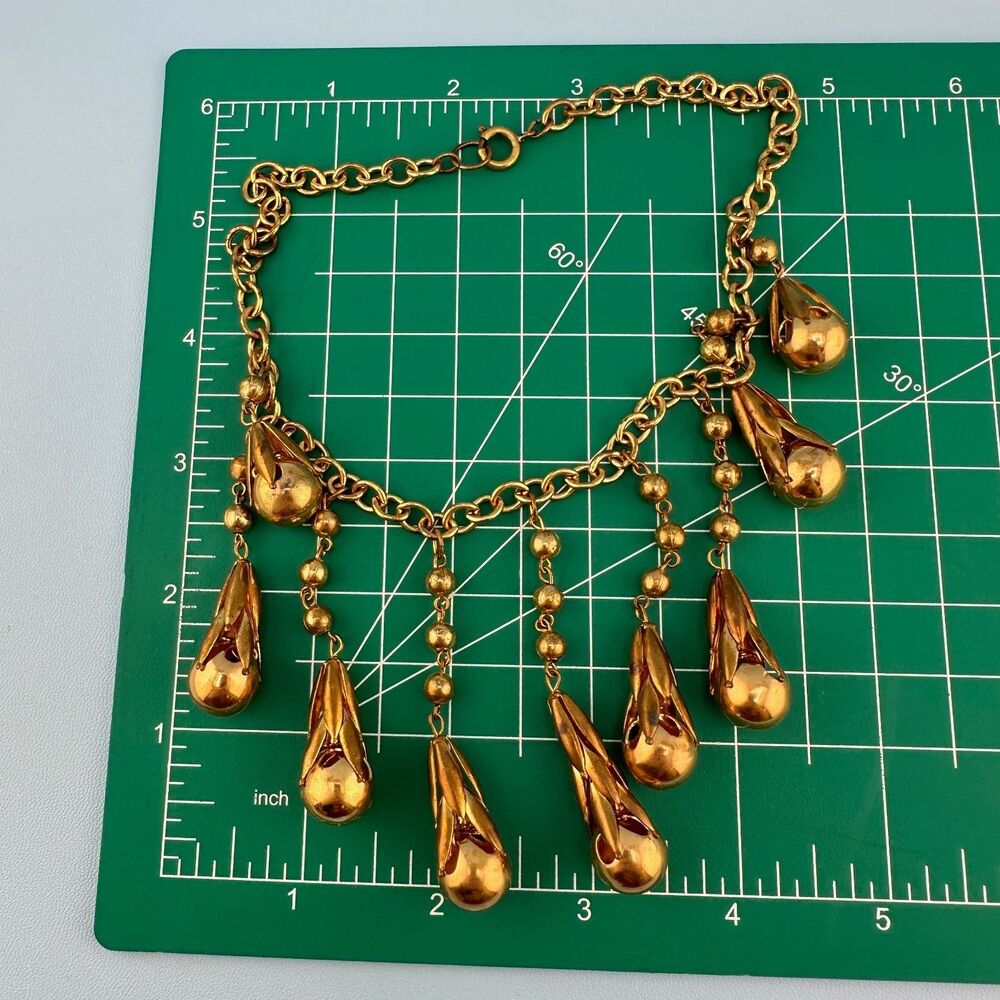 Vintage Art Deco Necklace Fringe Chain Antiqued Gold Tone Etruscan Revival State - Picture 6 of 16
